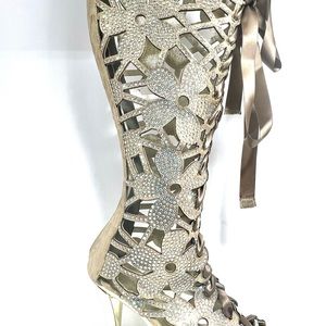 Dressy gold High Heel With Rhinestone Fantastic Boot New In Box size 10
